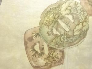アンティーク　鍔に鯉・馬・龍模様肩裏手織り紬男物羽織